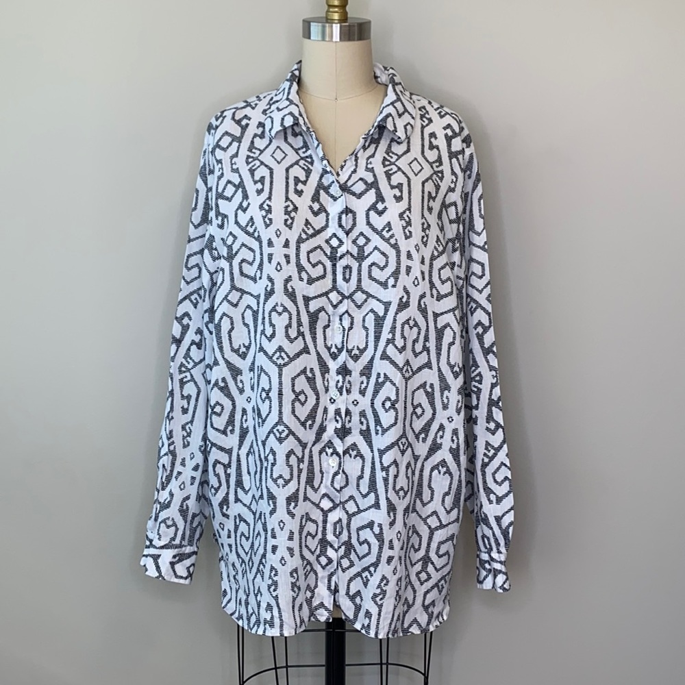 J.Jill Love Linen Black & White Long Sleeve Blouse